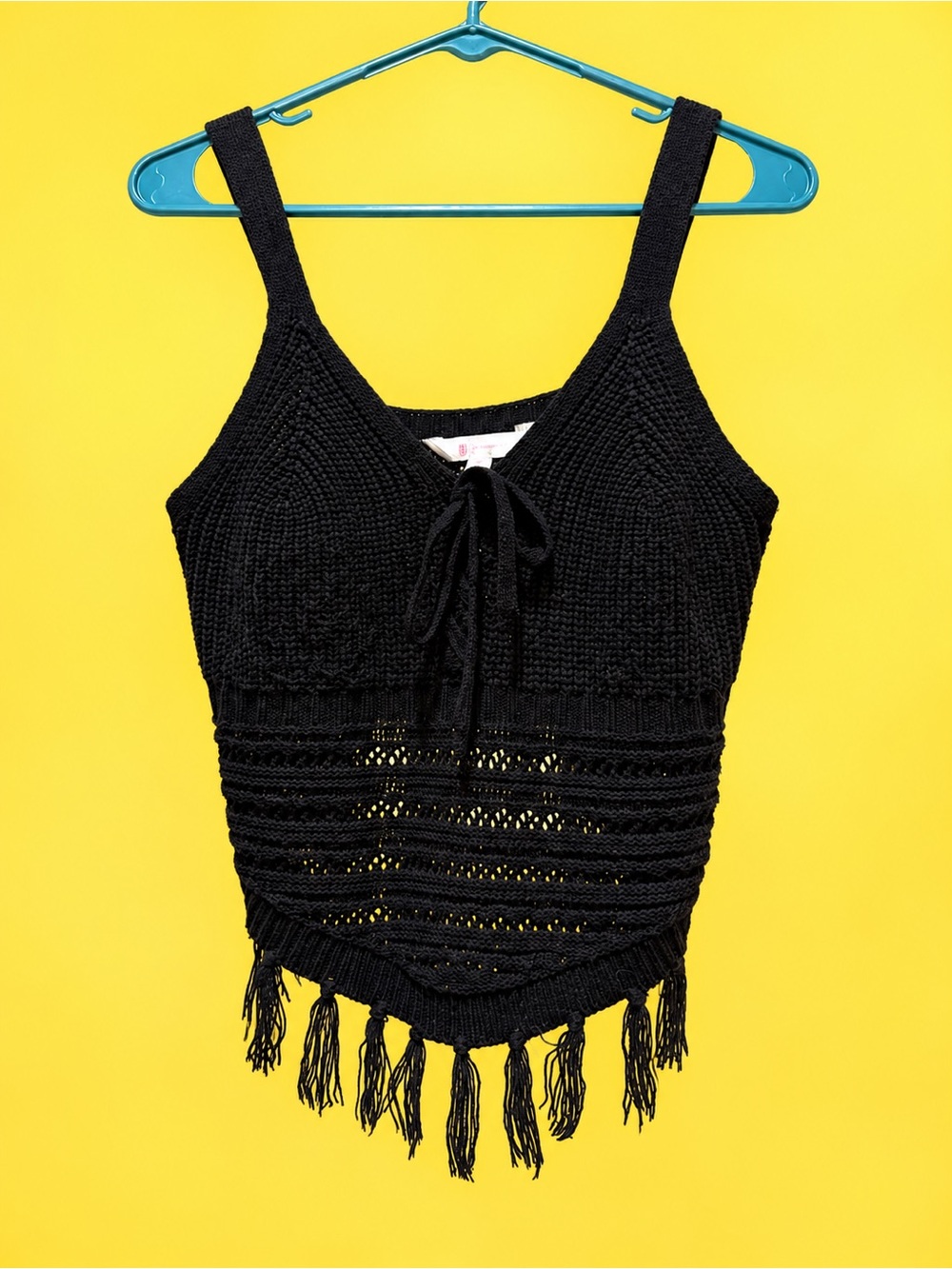 No Boundaries Black Crochet Tie-Front Fringe Cami